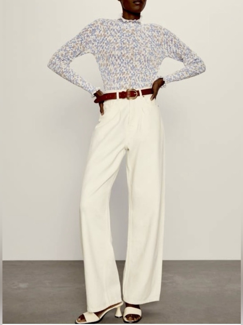 Zara Fine Knit Top Floral Print Mock Neck Ruffle Long Sleeve Sweater Cottagecore - Picture 2 of 12